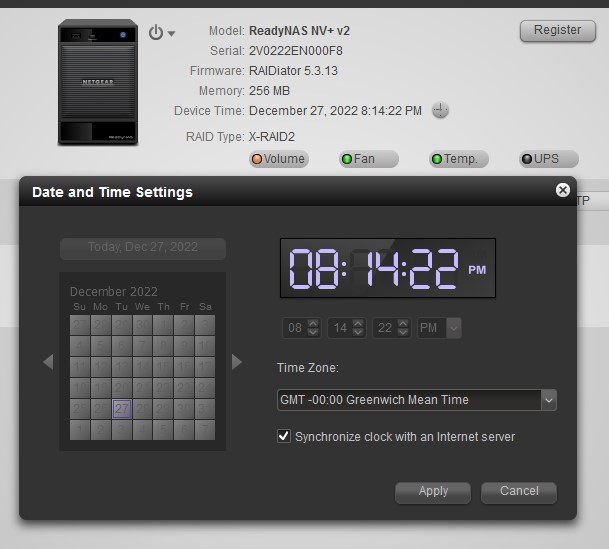 ReadyNAS Date and Time settings